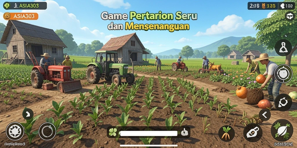 Gambar tampilan gameplay seru dari ASIA303 yang menunjukkan aktivitas bertani.