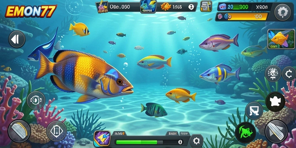 Tampilan gameplay EMON77 yang seru saat menangkap ikan.