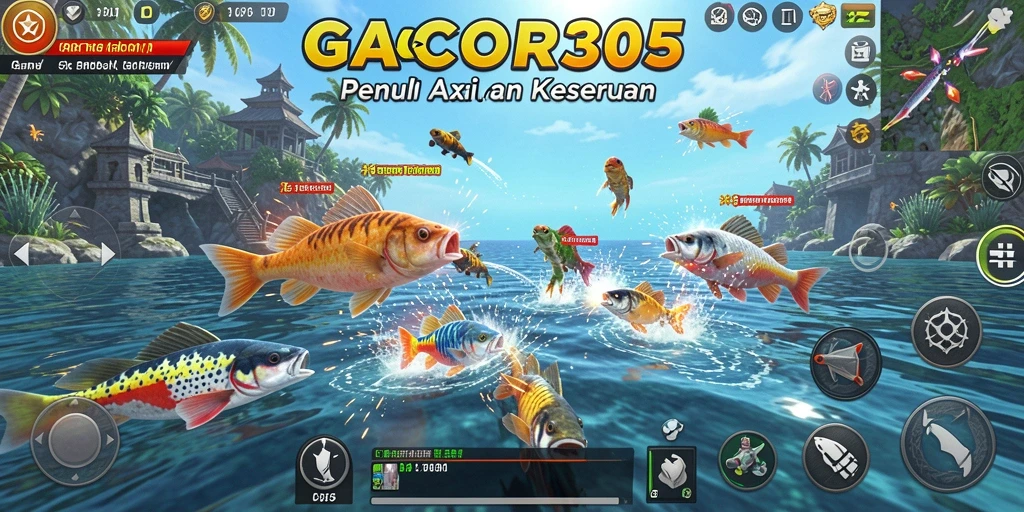 Tampilan gameplay seru dari GACOR305 saat menembak ikan-ikan bawah laut.