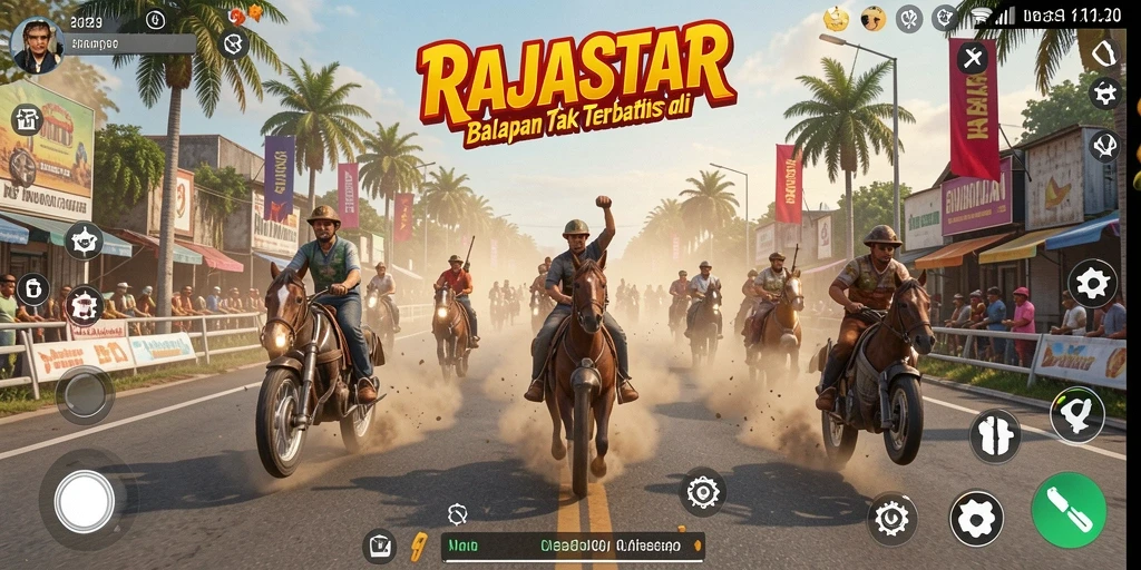 Screenshot utama RAJASTAR yang menampilkan aksi balapan mendebarkan.